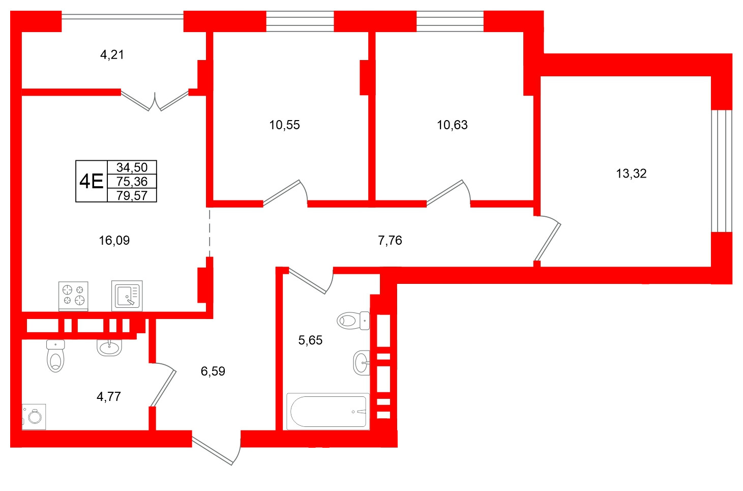 Квартира в ЖК «Включи», 3 комнатная, 79.57 м², 7 этаж