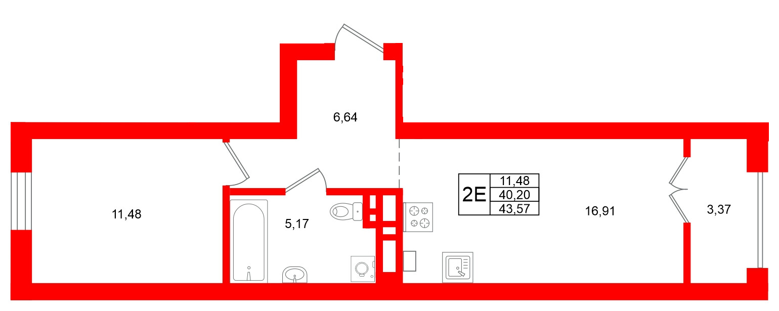 Квартира в ЖК «Включи», 1 комнатная, 43.57 м², 6 этаж
