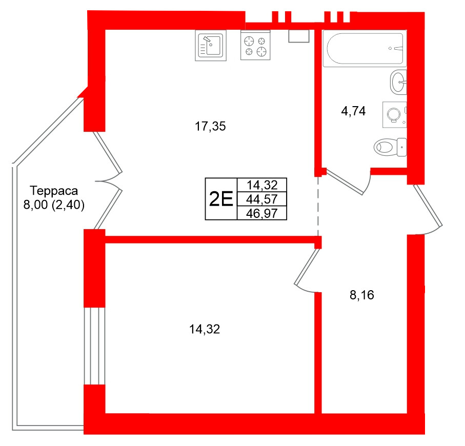 Квартира в ЖК «Включи», 1 комнатная, 46.97 м², 1 этаж