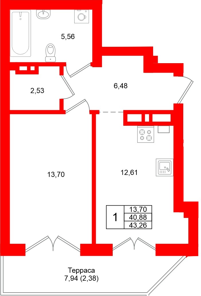 Квартира в ЖК «Включи», 1 комнатная, 43.26 м², 1 этаж