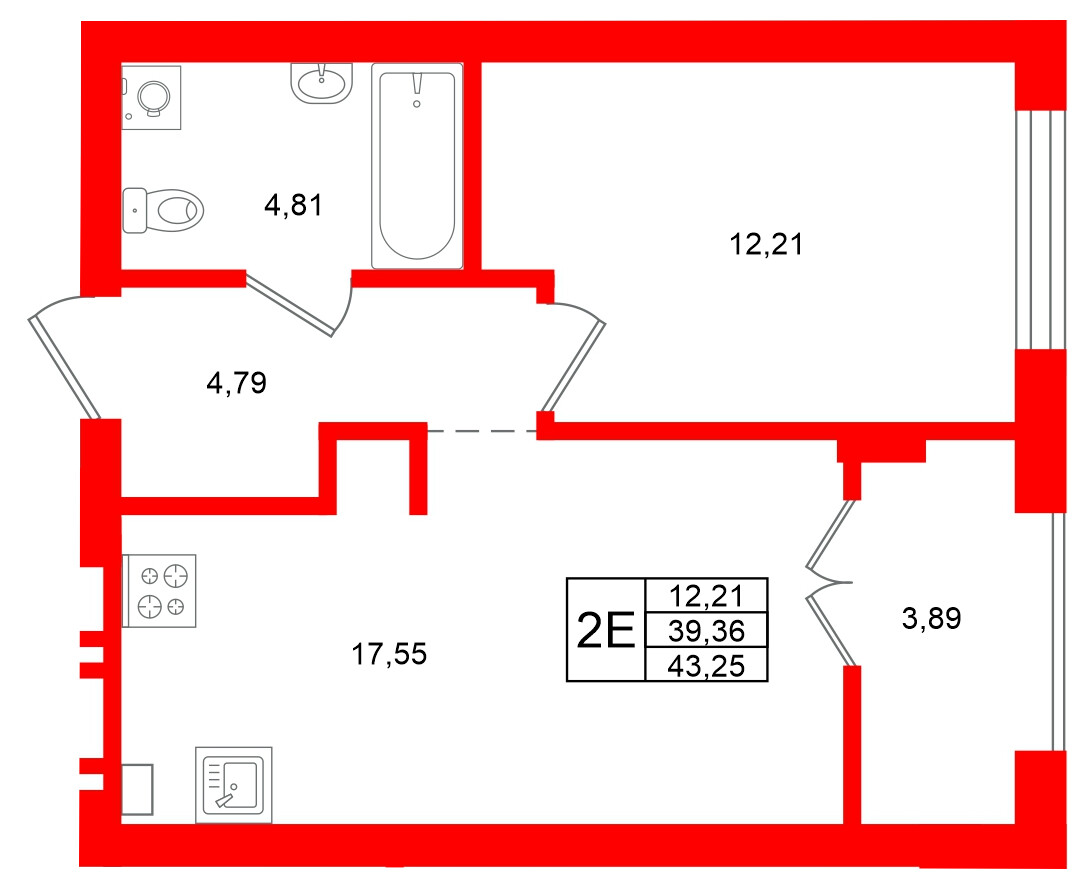 Квартира в ЖК «Включи», 1 комнатная, 43.25 м², 3 этаж