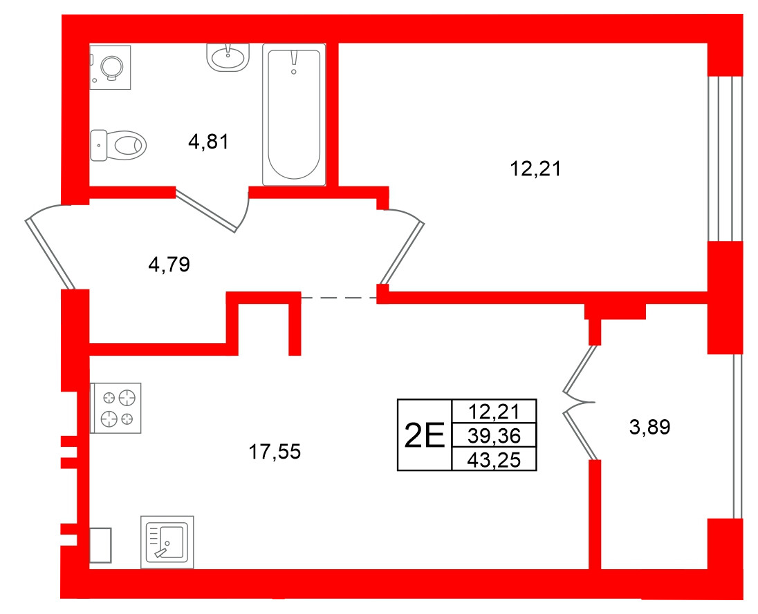 Квартира в ЖК «Включи», 1 комнатная, 43.25 м², 5 этаж