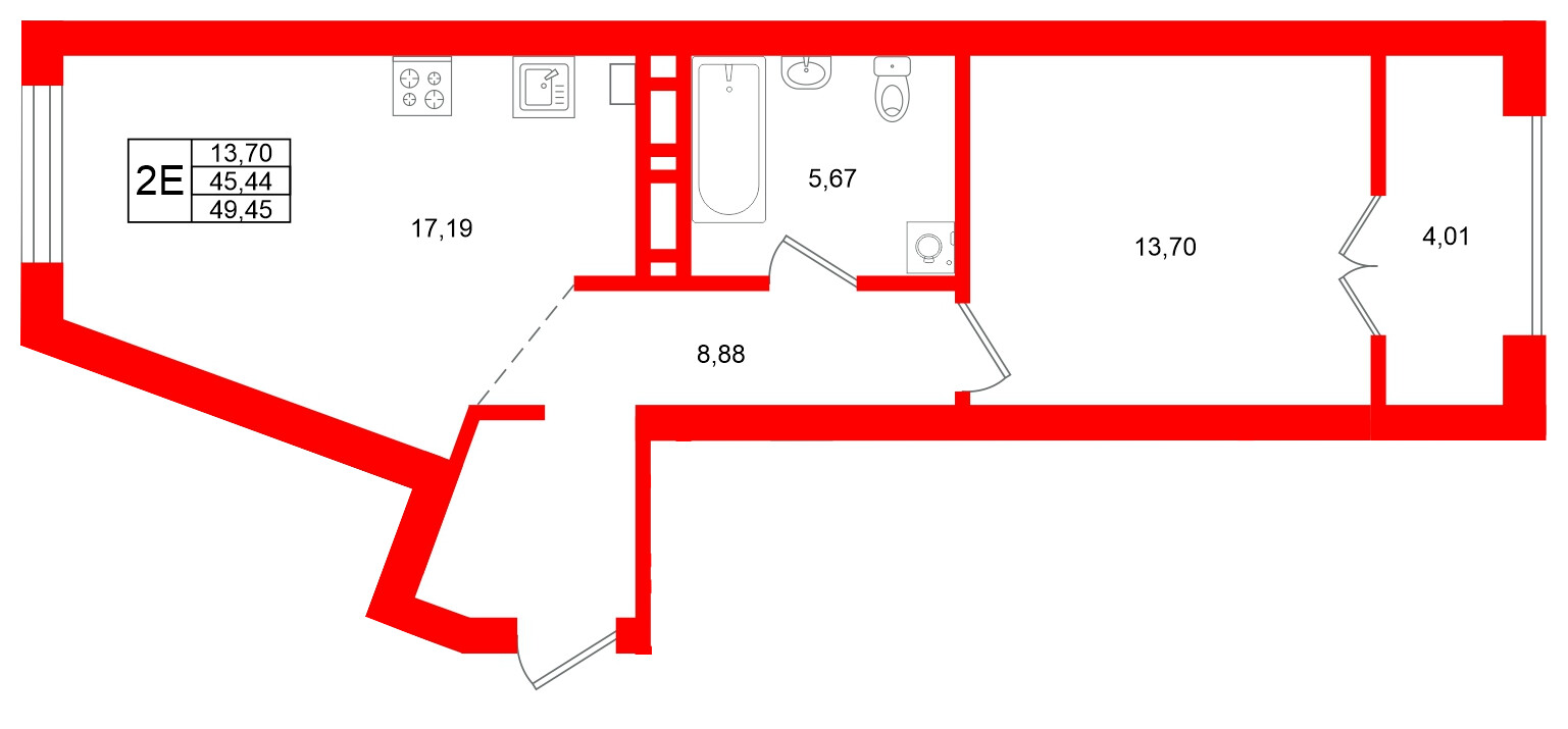 Квартира в ЖК «Включи», 1 комнатная, 49.45 м², 2 этаж