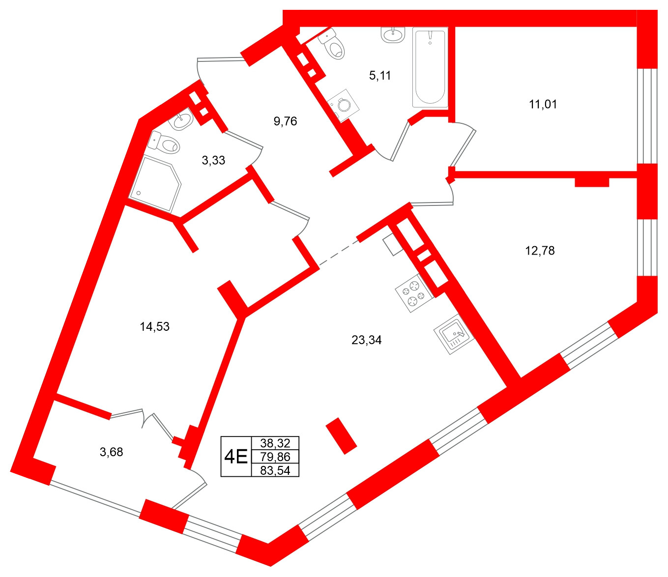 Квартира в ЖК «Включи», 3 комнатная, 83.54 м², 3 этаж