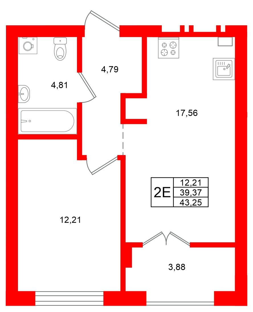 Квартира в ЖК «Включи», 1 комнатная, 43.25 м², 2 этаж