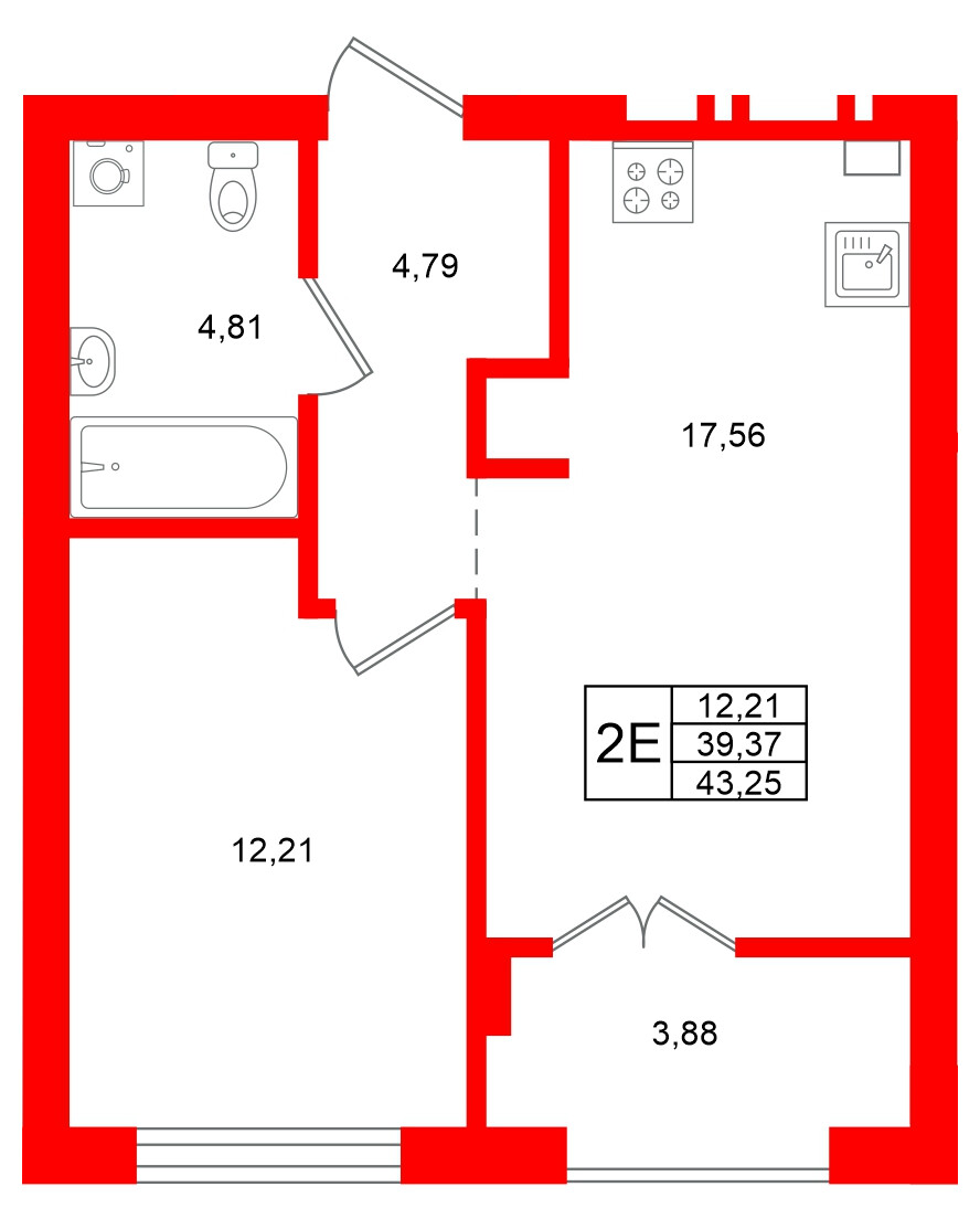 Квартира в ЖК «Включи», 1 комнатная, 43.25 м², 4 этаж