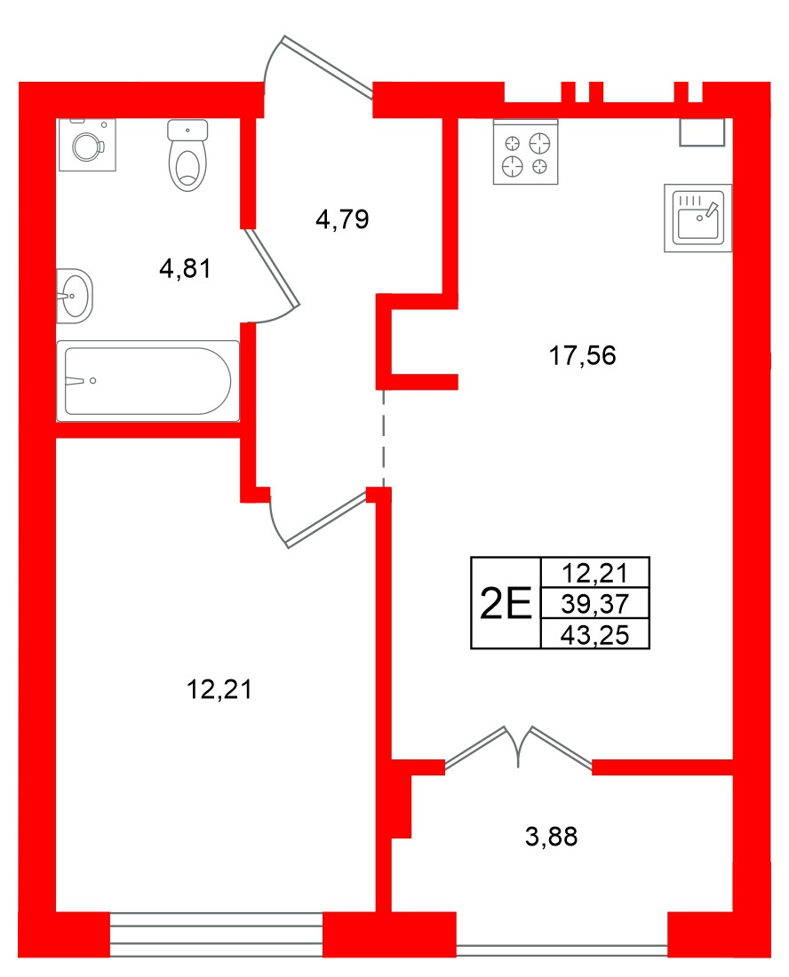 Квартира в ЖК «Включи», 1 комнатная, 43.25 м², 6 этаж