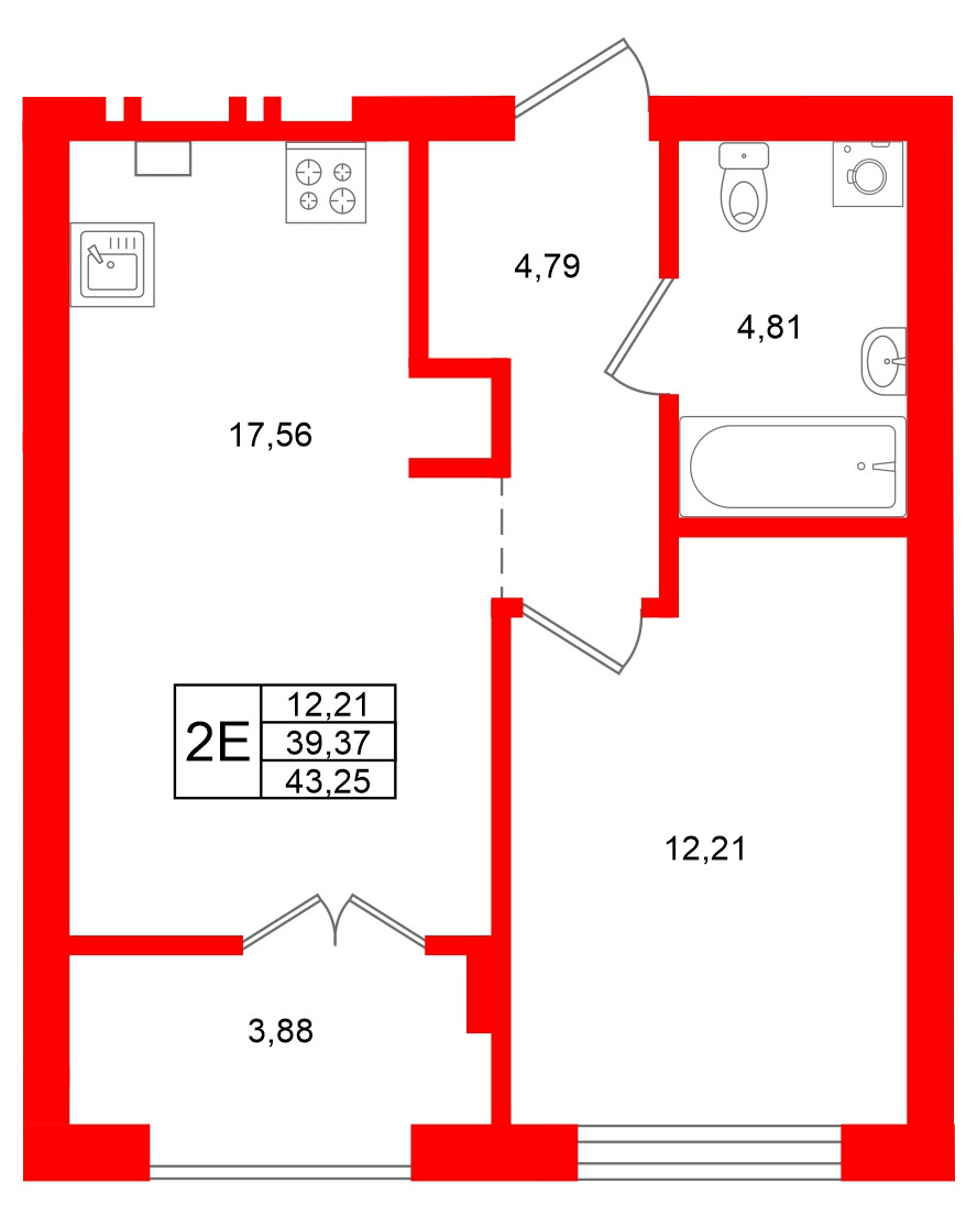 Квартира в ЖК «Включи», 1 комнатная, 43.25 м², 2 этаж