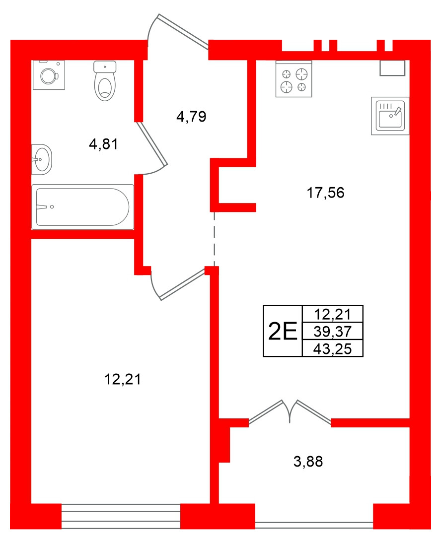 Квартира в ЖК «Включи», 1 комнатная, 43.25 м², 5 этаж