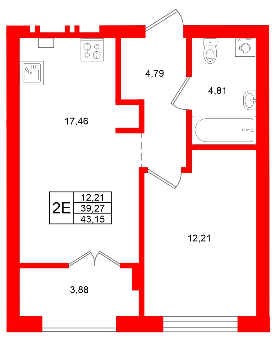 Квартира в ЖК «Включи», 1 комнатная, 43.15 м², 2 этаж