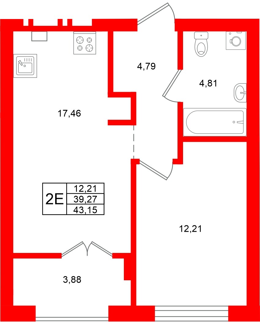 Квартира в ЖК «Включи», 1 комнатная, 43.15 м², 3 этаж