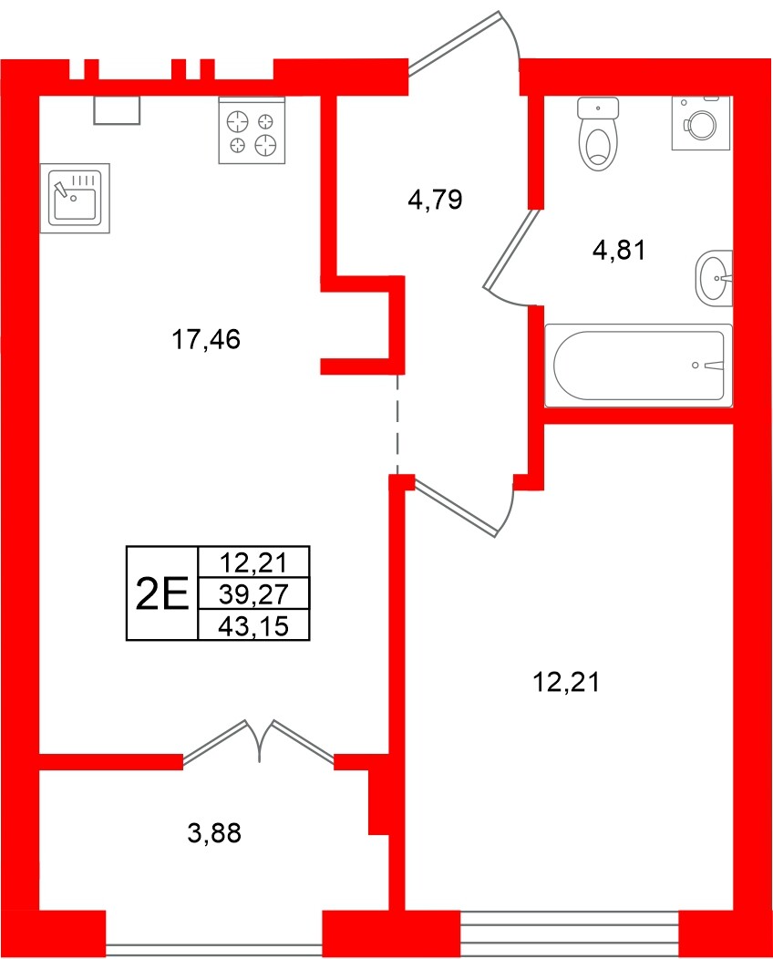 Квартира в ЖК «Включи», 1 комнатная, 43.15 м², 2 этаж