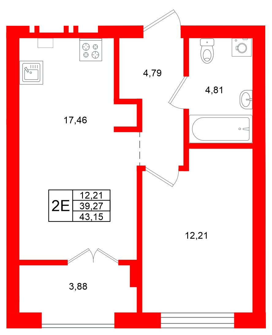 Квартира в ЖК «Включи», 1 комнатная, 43.15 м², 5 этаж