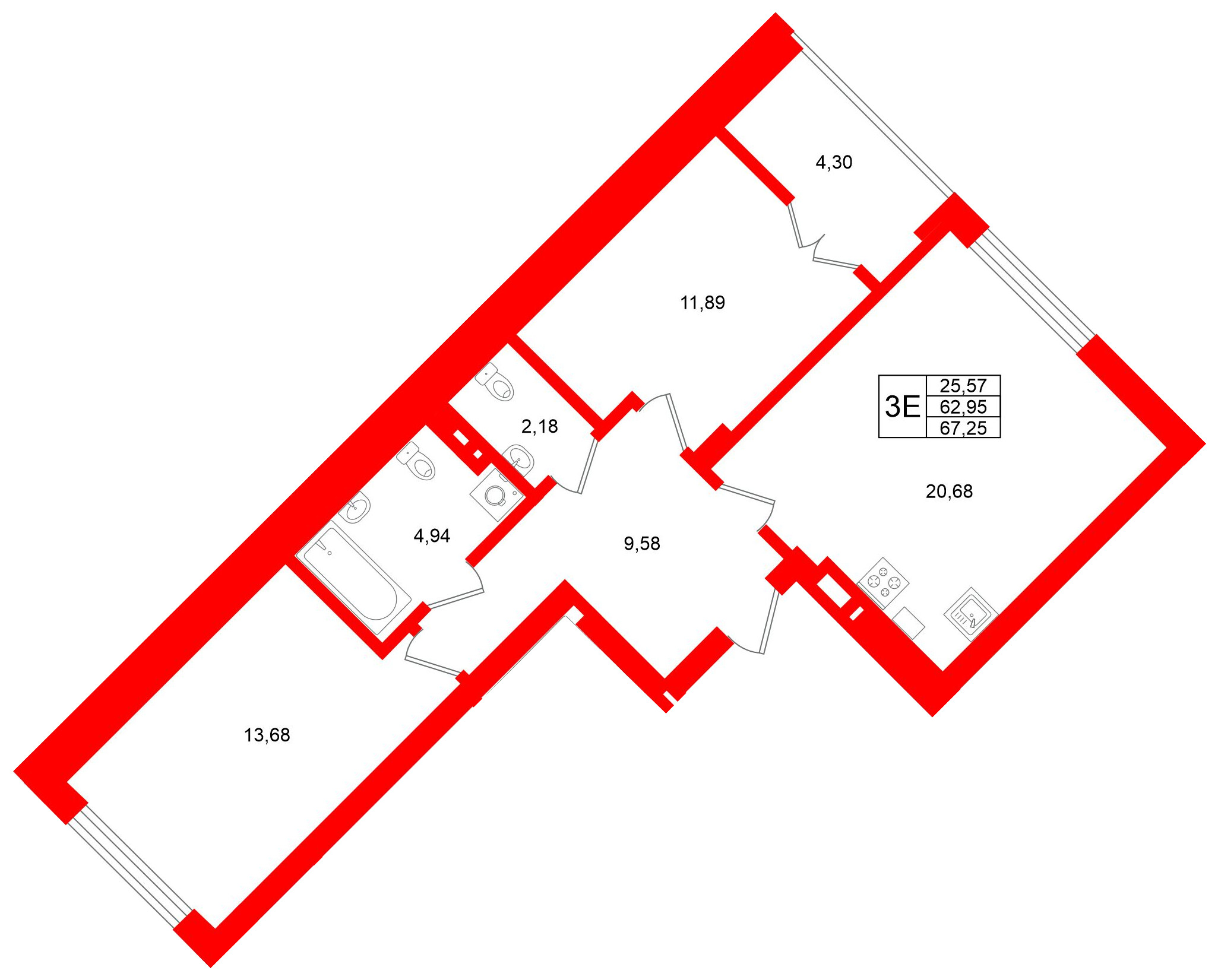 Квартира в ЖК «Включи», 2 комнатная, 67.25 м², 2 этаж