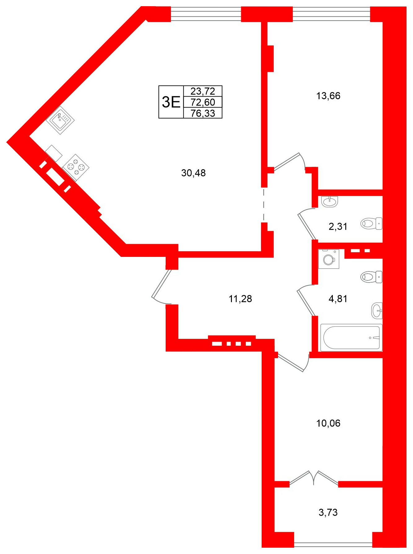 Квартира в ЖК «Включи», 2 комнатная, 76.33 м², 5 этаж