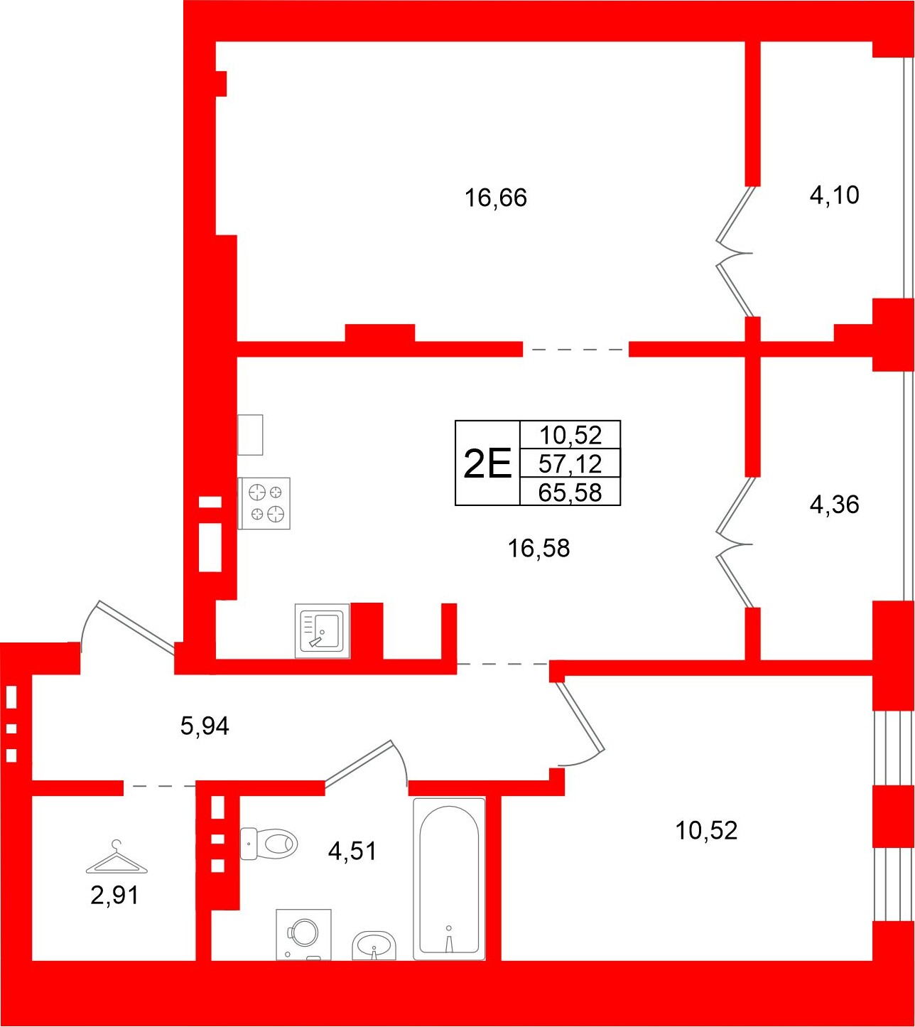 Квартира в ЖК «Включи», 1 комнатная, 65.58 м², 2 этаж