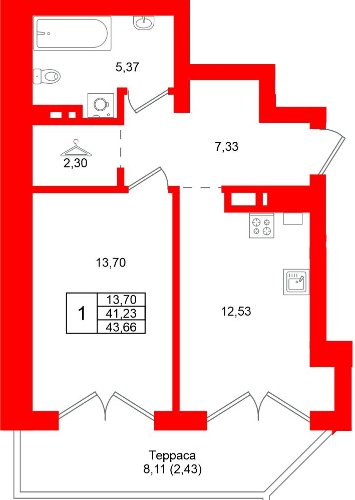 Квартира в ЖК «Включи», 1 комнатная, 43.66 м², 1 этаж