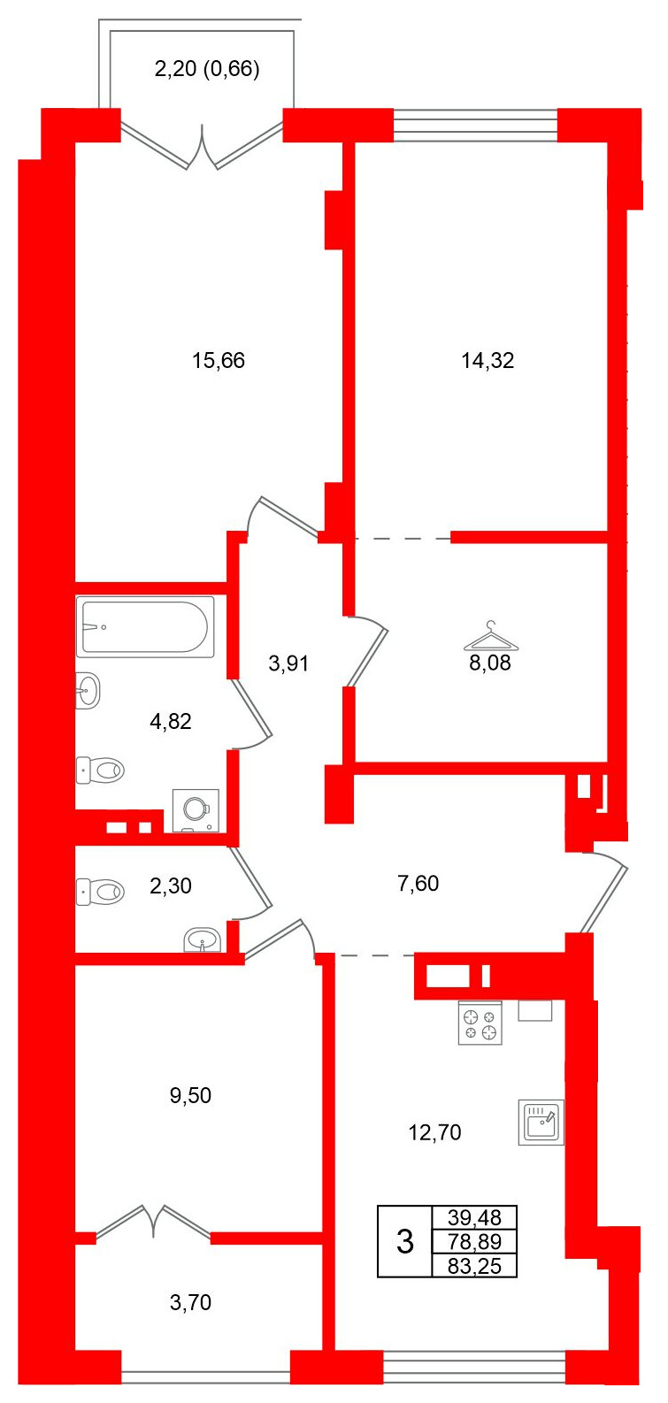 Квартира в ЖК «Включи», 3 комнатная, 83.25 м², 2 этаж