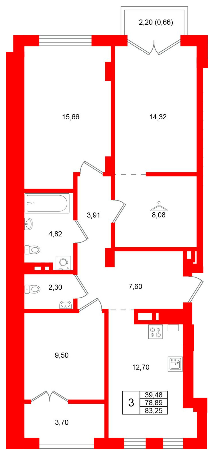 Квартира в ЖК «Включи», 3 комнатная, 83.25 м², 3 этаж