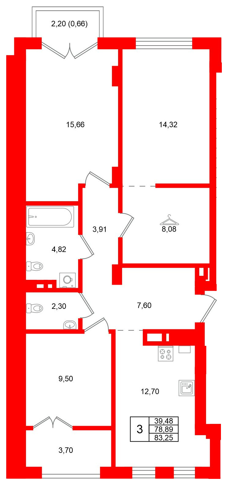 Квартира в ЖК «Включи», 3 комнатная, 83.25 м², 4 этаж