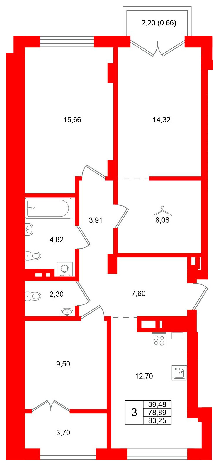 Квартира в ЖК «Включи», 3 комнатная, 83.25 м², 7 этаж