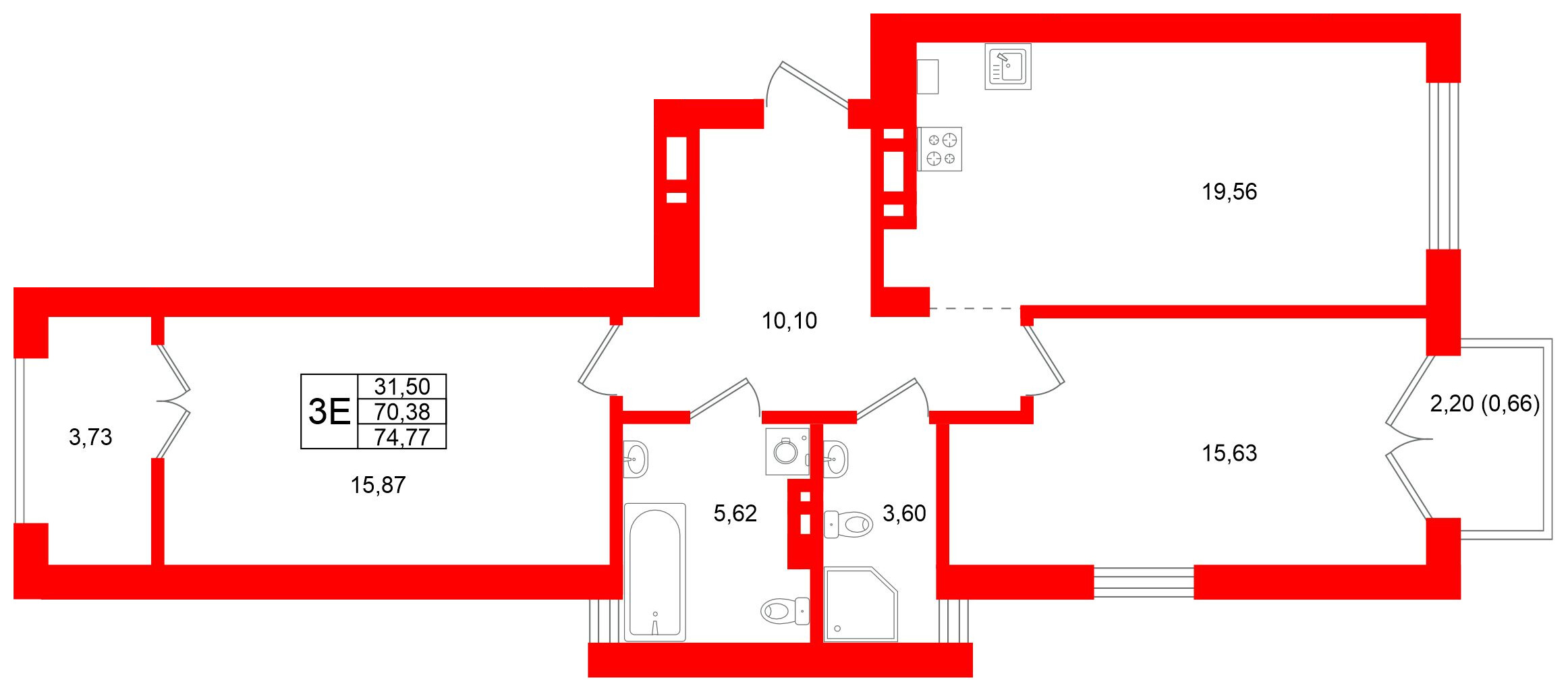 Квартира в ЖК «Включи», 2 комнатная, 74.77 м², 6 этаж