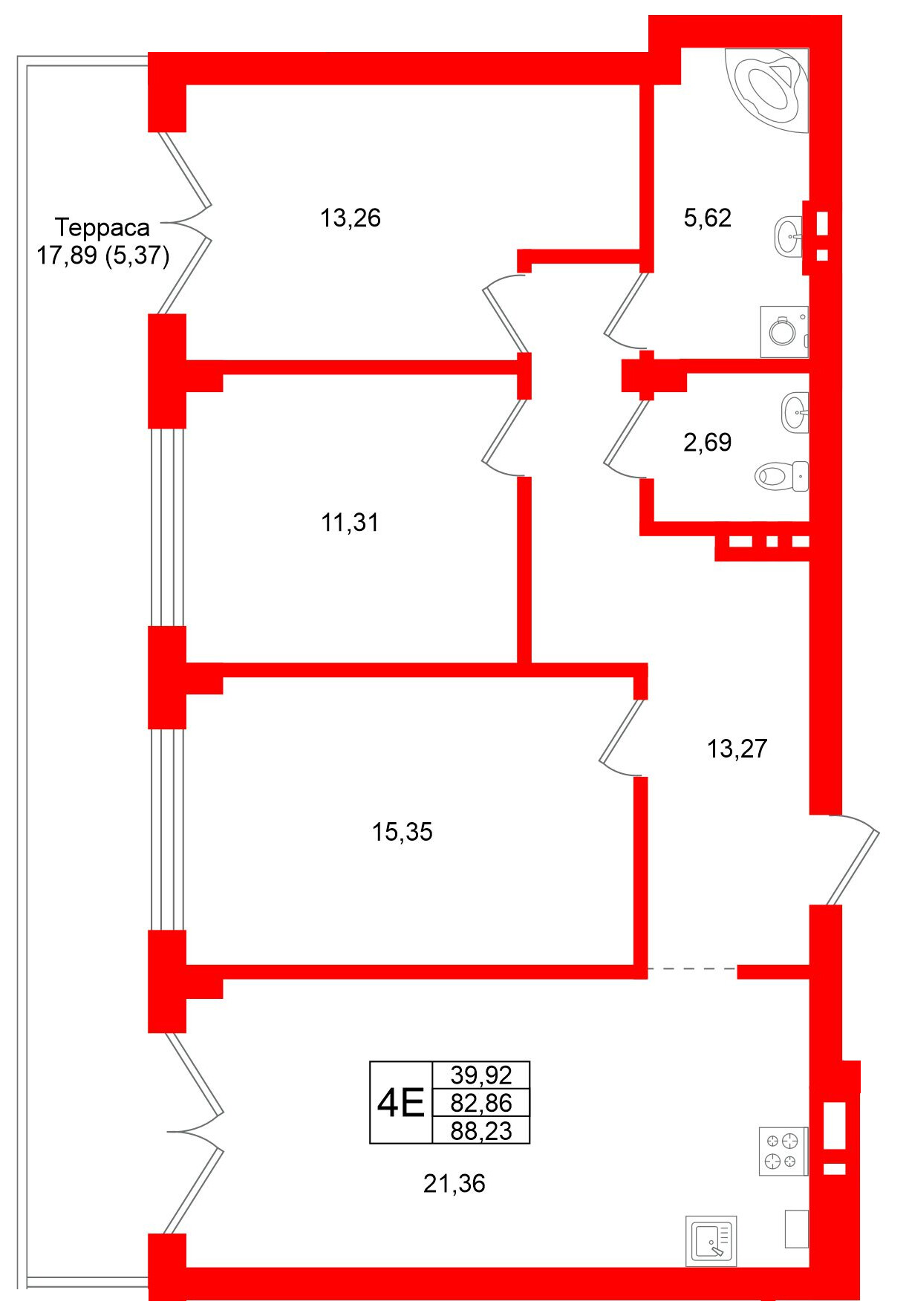 Квартира в ЖК «Включи», 3 комнатная, 88.23 м², 1 этаж