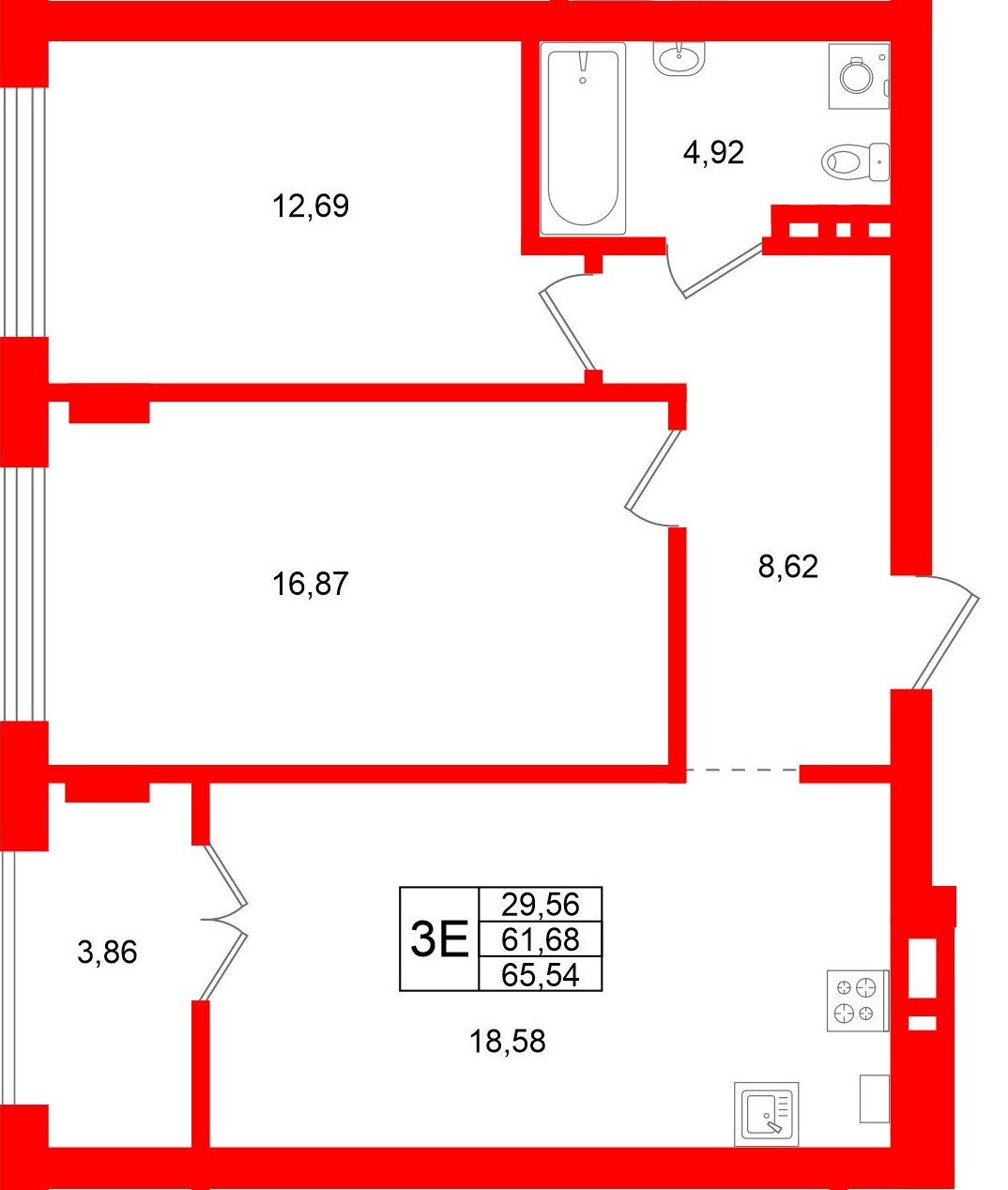 Квартира в ЖК «Включи», 2 комнатная, 65.54 м², 2 этаж