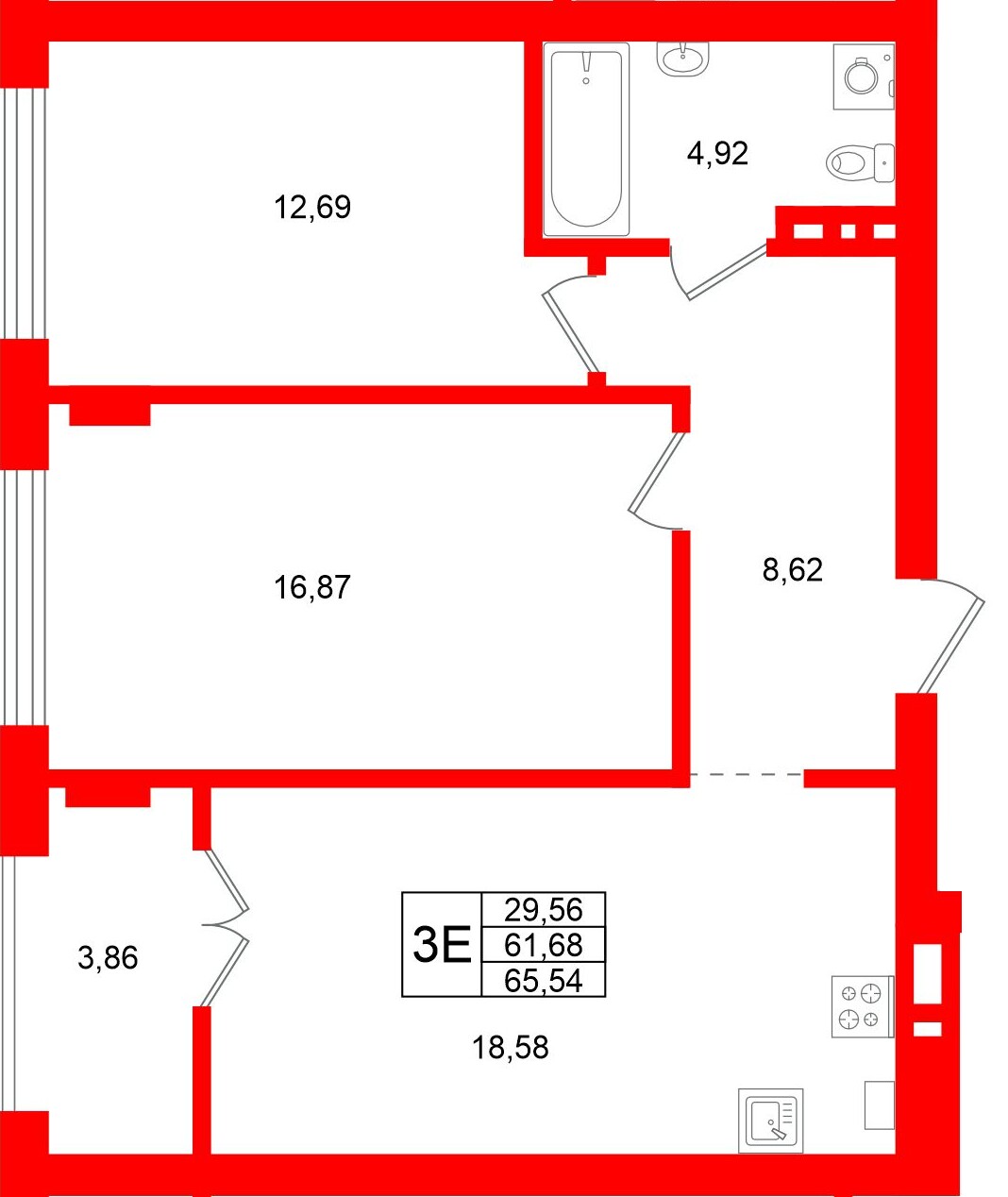 Квартира в ЖК «Включи», 2 комнатная, 65.54 м², 7 этаж
