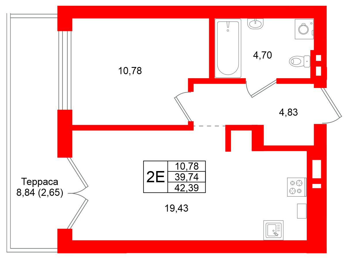 Квартира в ЖК «Включи», 1 комнатная, 42.39 м², 1 этаж
