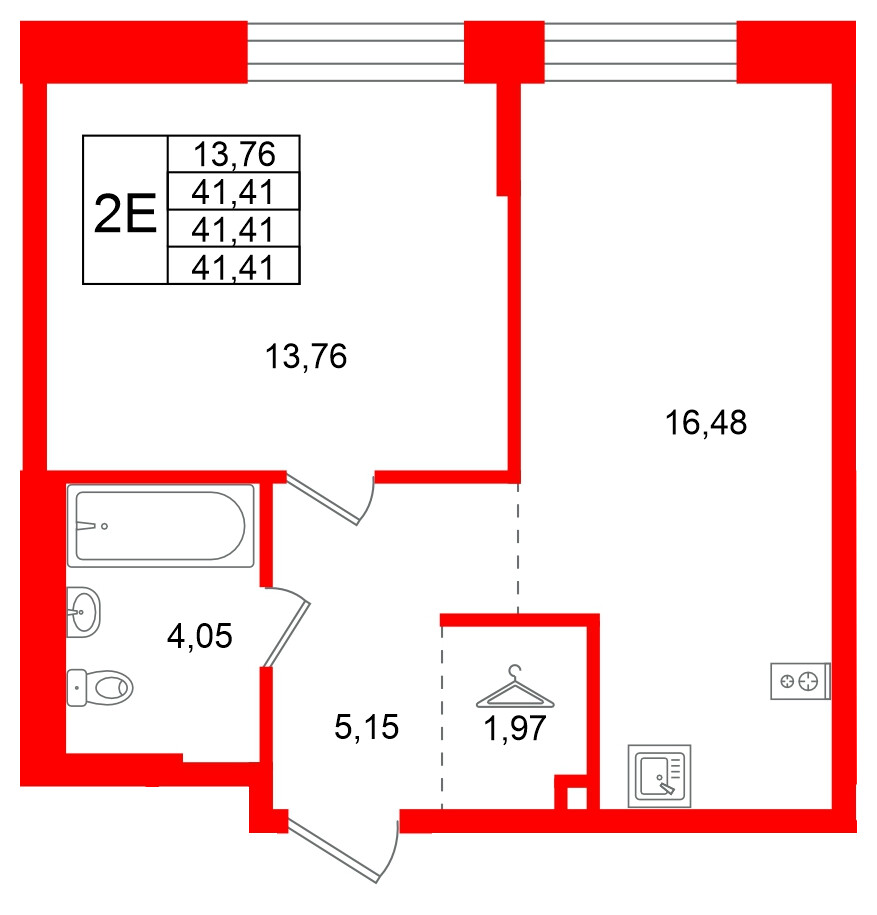 Квартира в ЖК Кольские огни, 1 комнатная, 41.41 м², 5 этаж