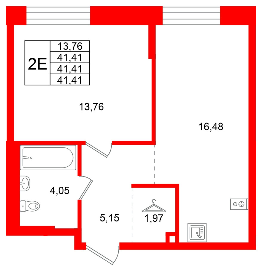 Квартира в ЖК Кольские огни, 1 комнатная, 41.41 м², 7 этаж
