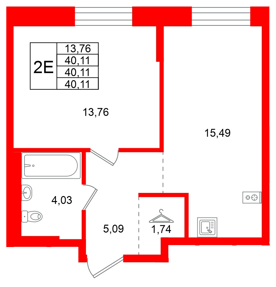 Квартира в ЖК Кольские огни, 1 комнатная, 40.11 м², 6 этаж