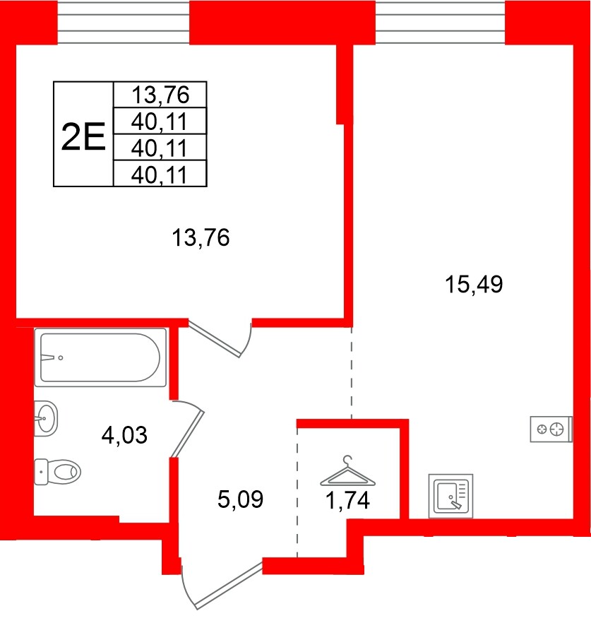 Квартира в ЖК Кольские огни, 1 комнатная, 40.11 м², 11 этаж