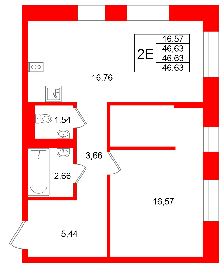 Квартира в ЖК Кольские огни, 1 комнатная, 46.63 м², 2 этаж