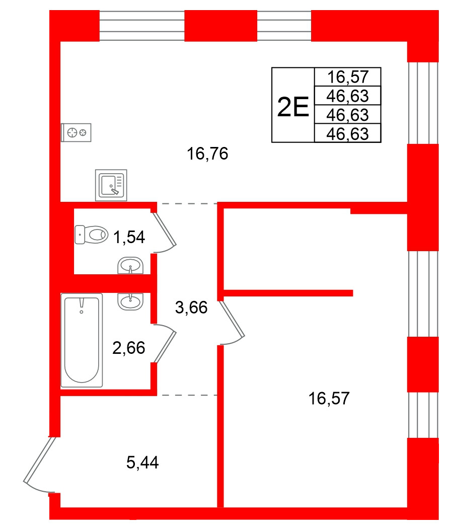 Квартира в ЖК Кольские огни, 1 комнатная, 46.63 м², 4 этаж