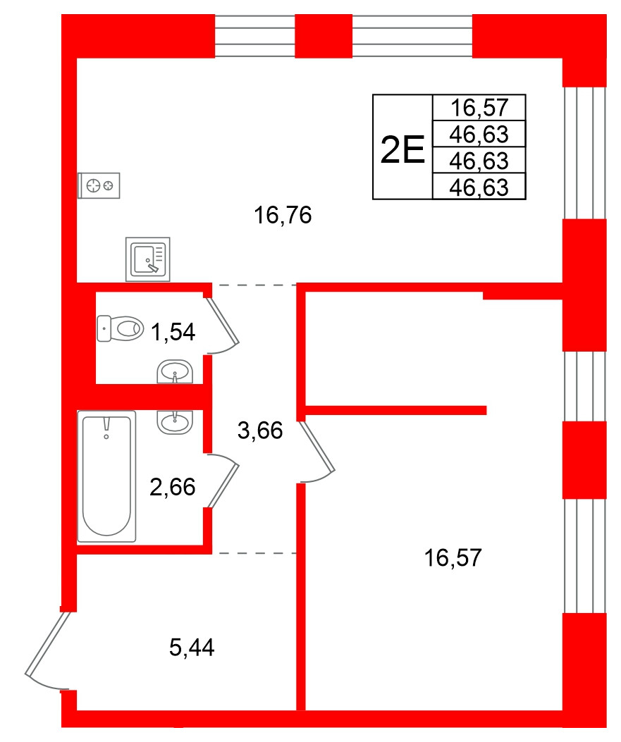 Квартира в ЖК Кольские огни, 1 комнатная, 46.63 м², 6 этаж