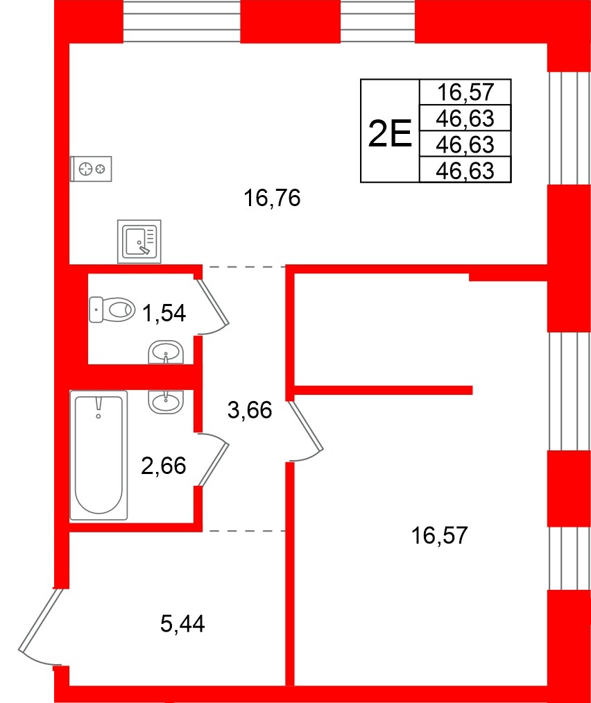 Квартира в ЖК Кольские огни, 1 комнатная, 46.63 м², 12 этаж