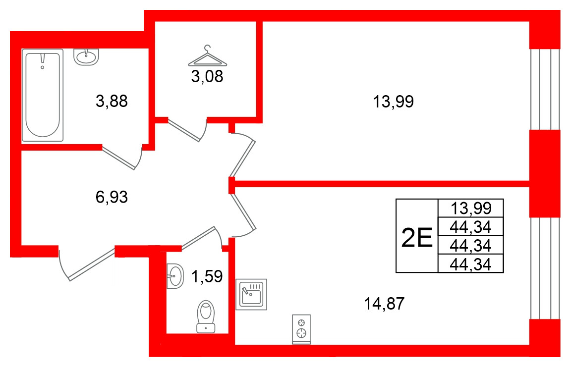 Квартира в ЖК Кольские огни, 1 комнатная, 44.34 м², 5 этаж