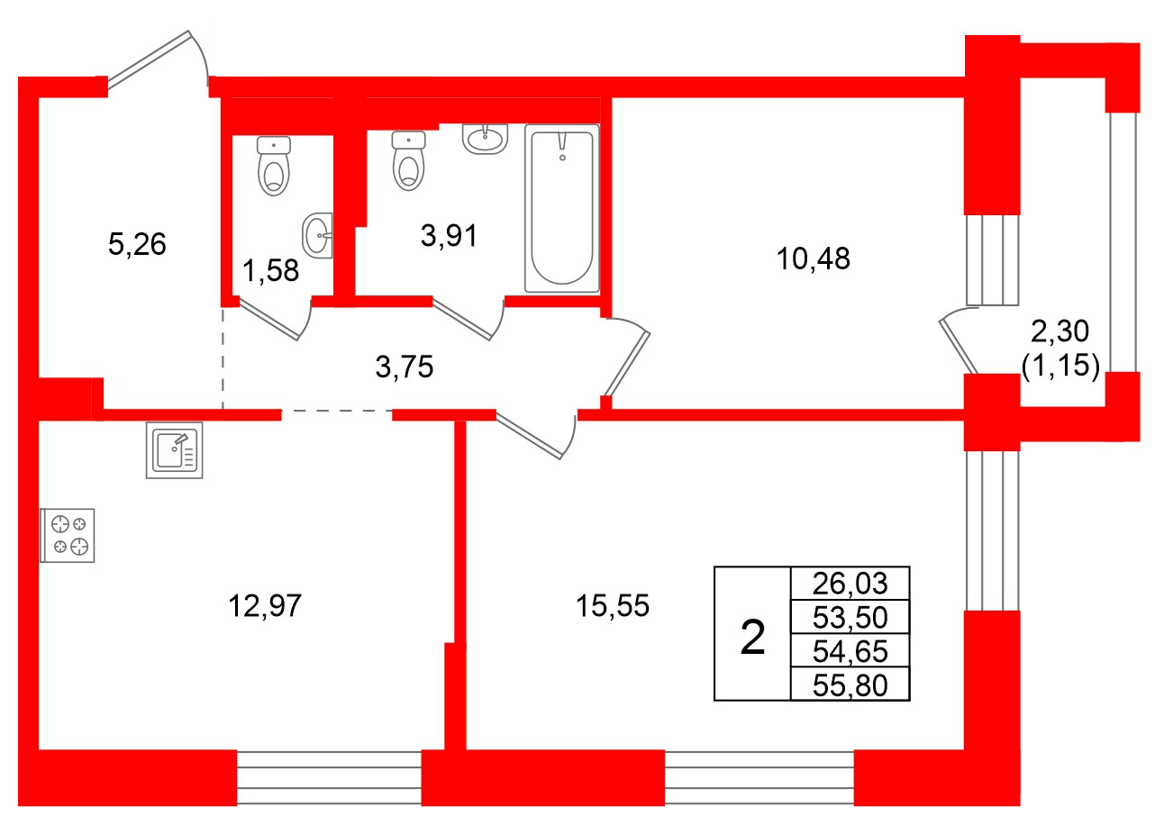 Квартира в ЖК Кольские огни, 2 комнатная, 54.65 м², 3 этаж