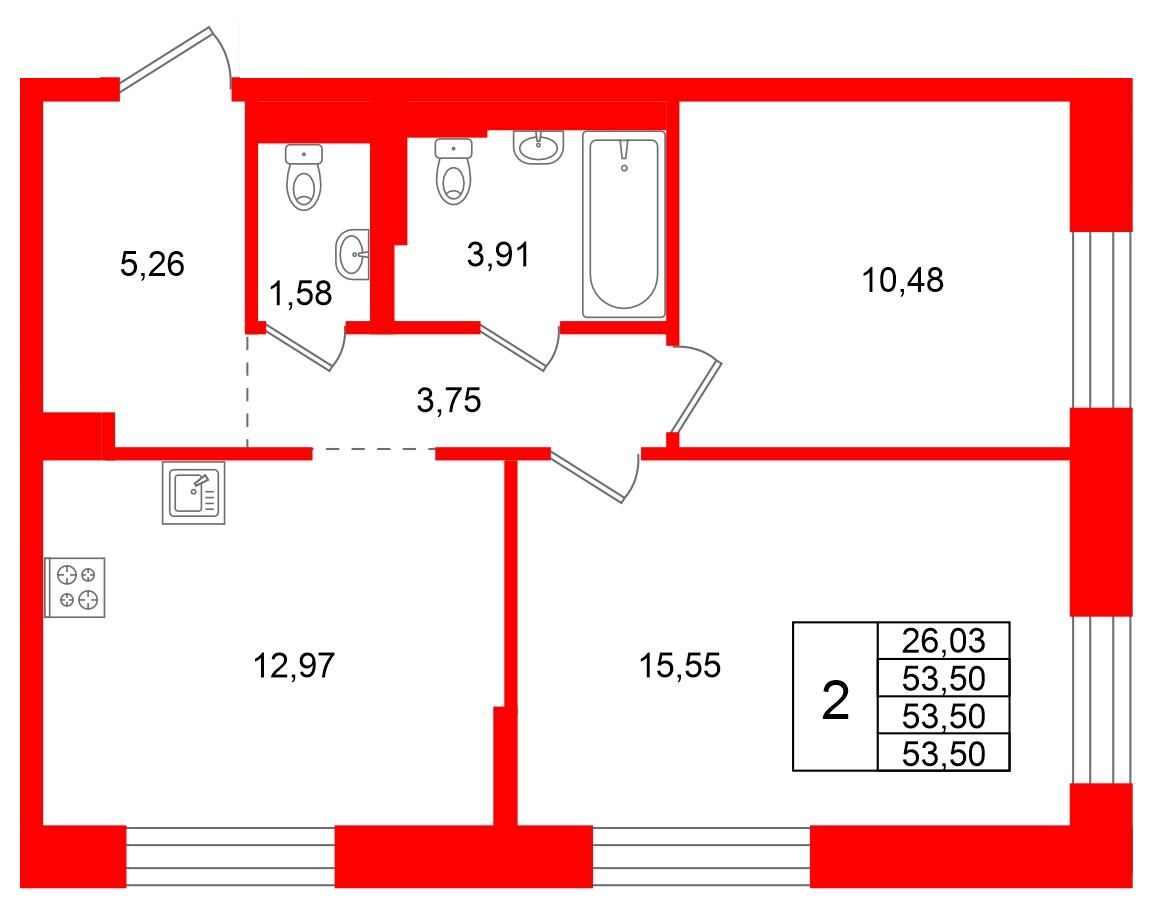 Квартира в ЖК Кольские огни, 2 комнатная, 53.5 м², 5 этаж