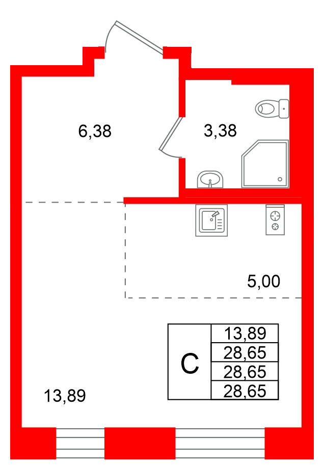 Квартира в ЖК Кольские огни, студия, 28.65 м², 4 этаж