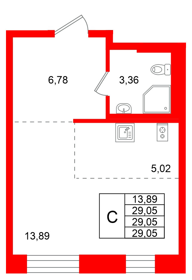 Квартира в ЖК Кольские огни, студия, 29.05 м², 5 этаж