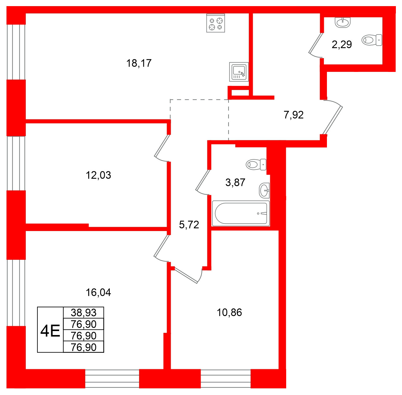 Квартира в ЖК Кольские огни, 3 комнатная, 76.9 м², 5 этаж