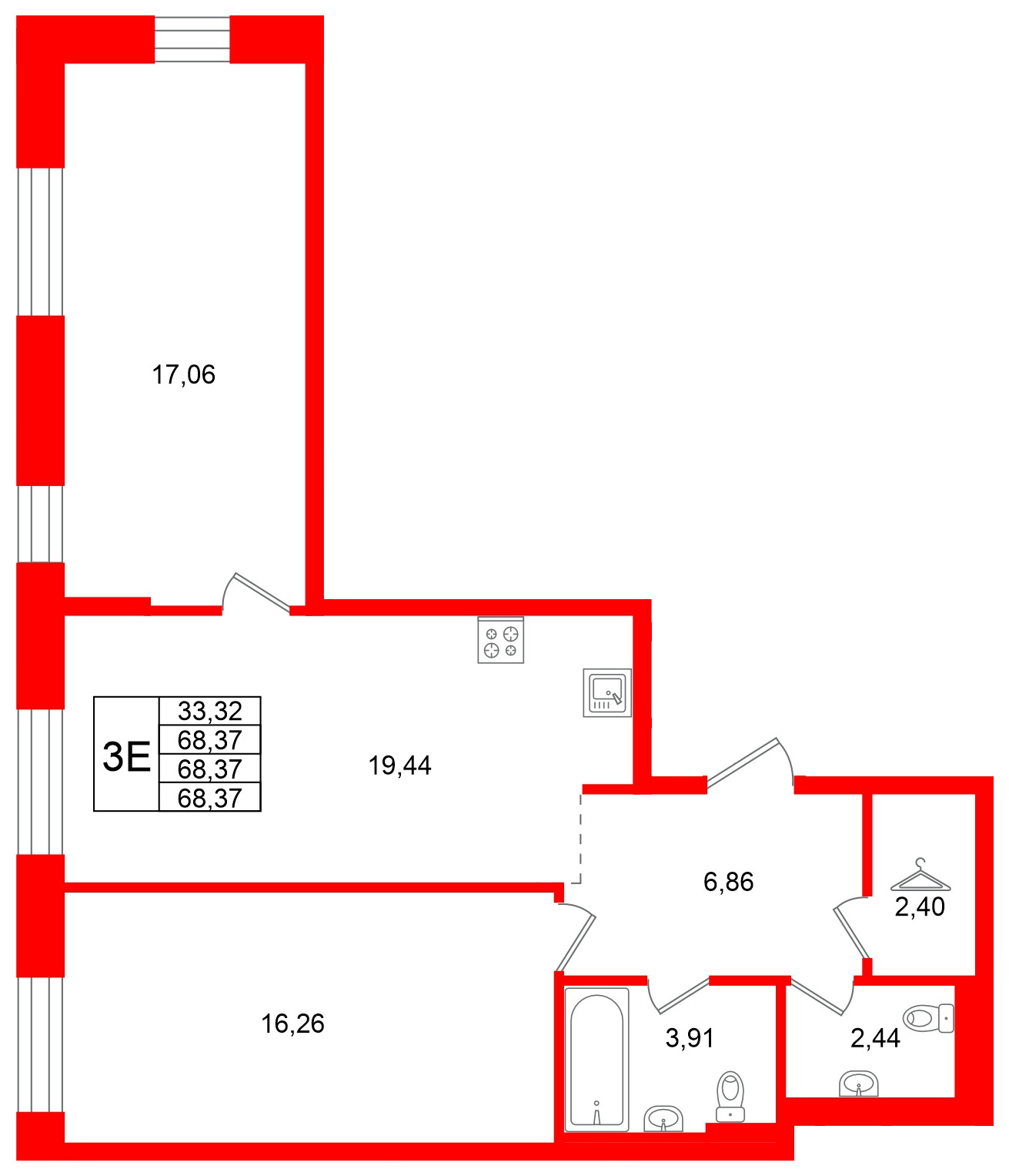 Квартира в ЖК Кольские огни, 2 комнатная, 68.37 м², 2 этаж