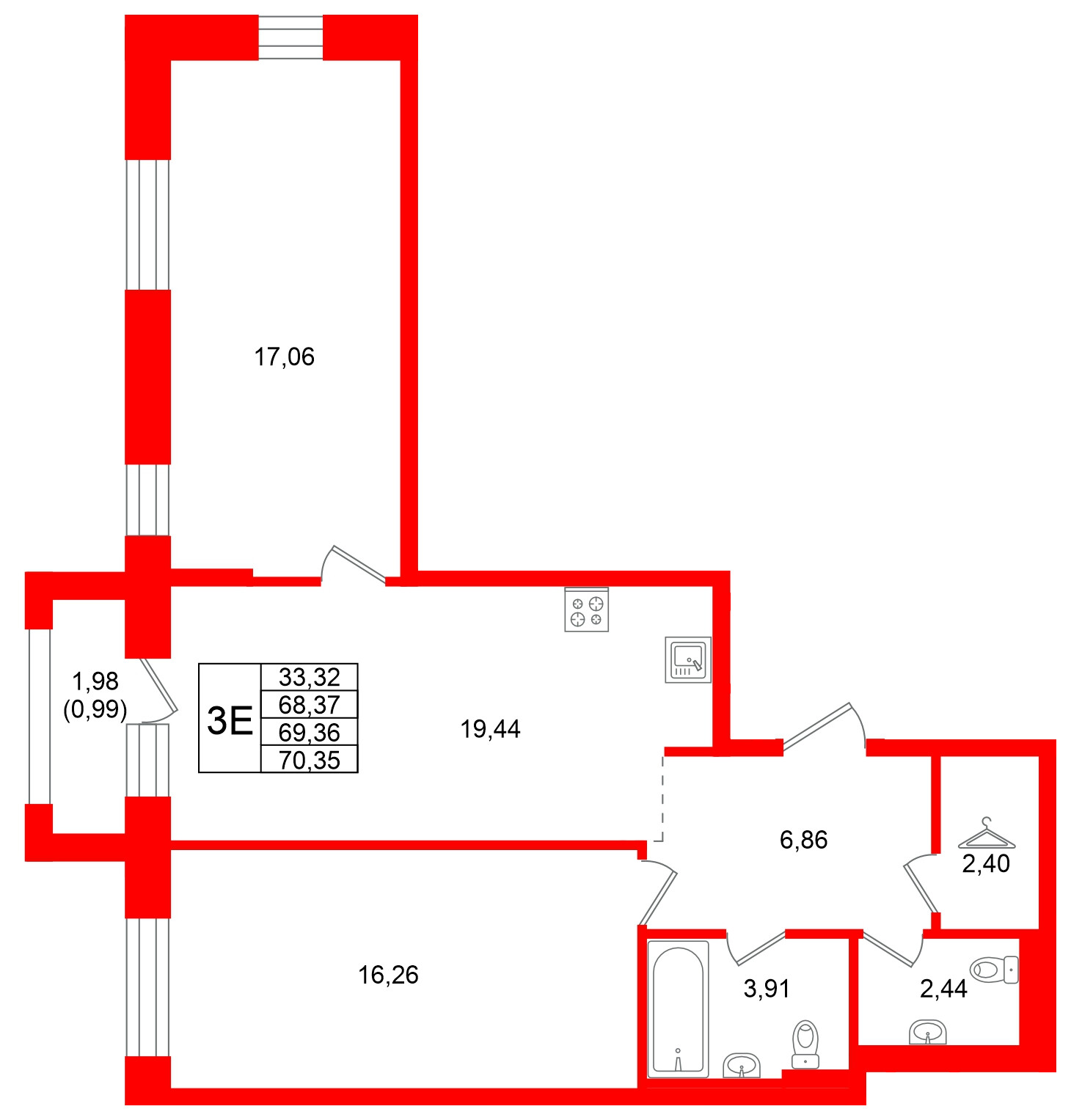 Квартира в ЖК Кольские огни, 2 комнатная, 69.36 м², 10 этаж