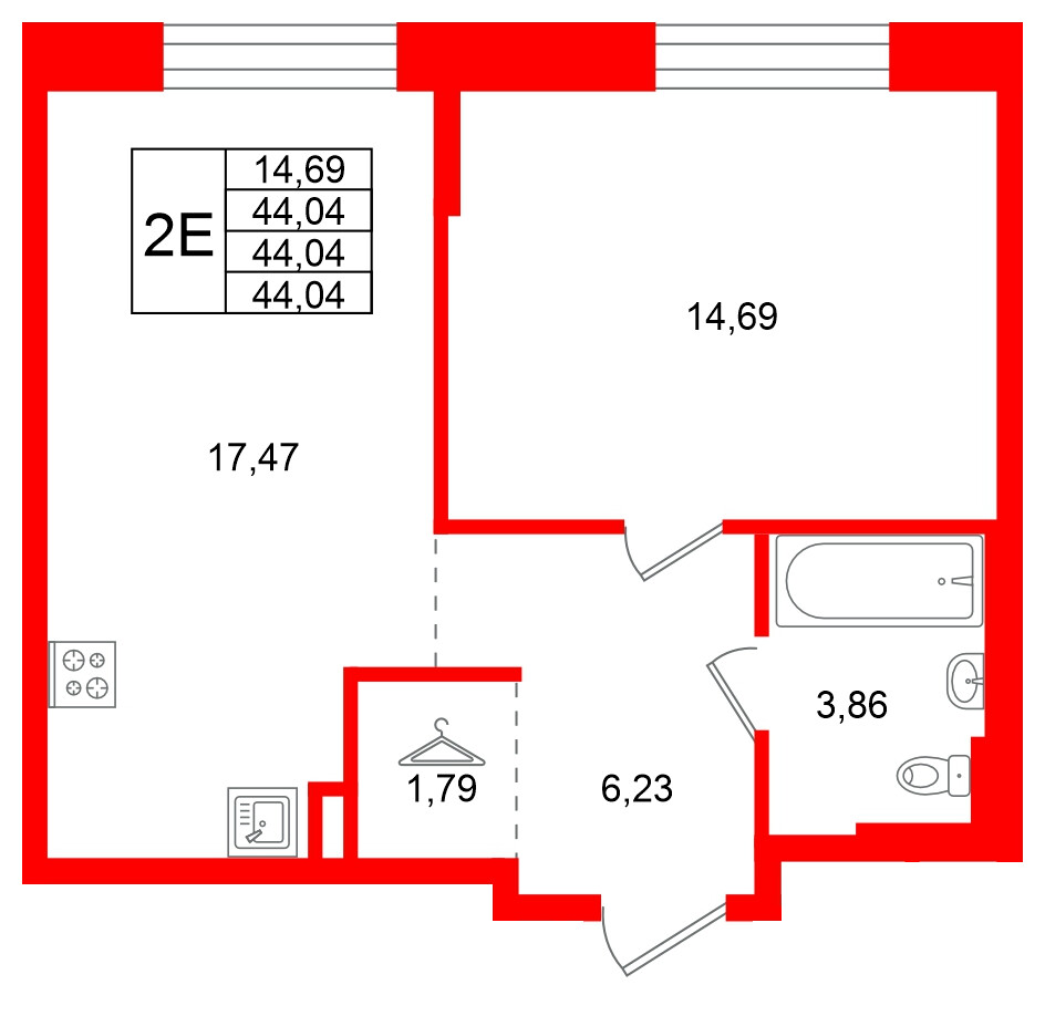 Квартира в ЖК Кольские огни, 1 комнатная, 44.04 м², 11 этаж