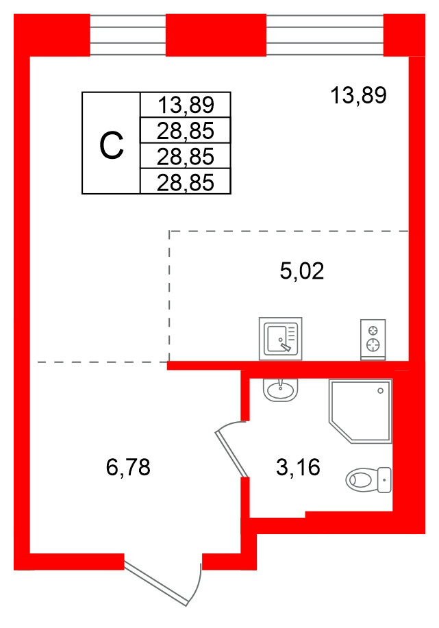 Квартира в ЖК Кольские огни, студия, 28.85 м², 3 этаж