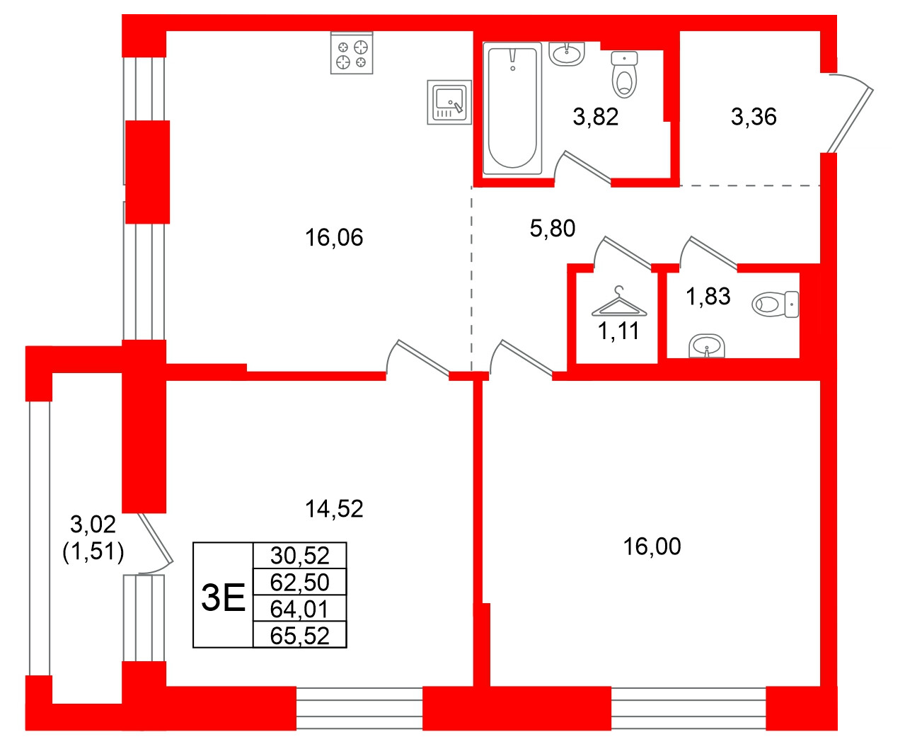 Квартира в ЖК Кольские огни, 2 комнатная, 64.01 м², 10 этаж