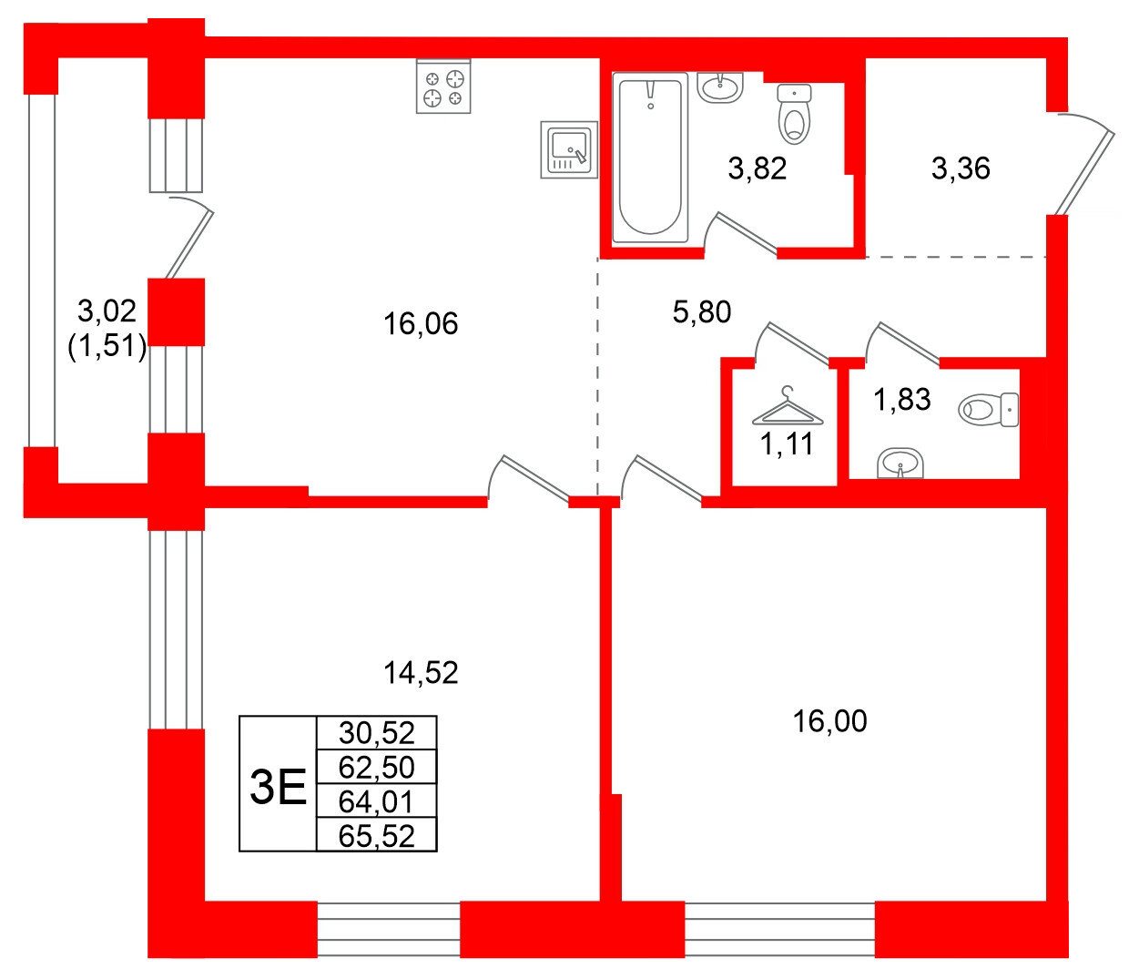 Квартира в ЖК Кольские огни, 2 комнатная, 64.01 м², 13 этаж